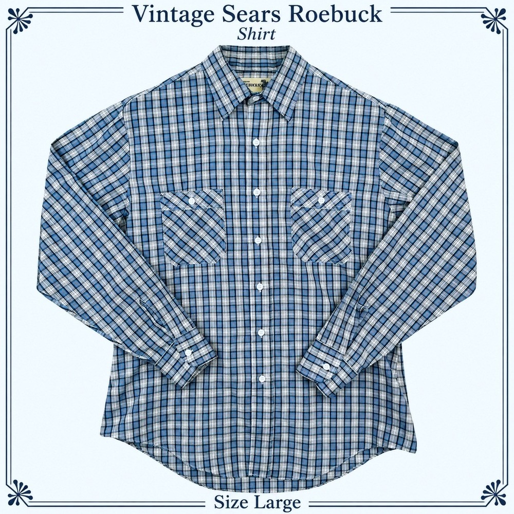 Vintage Sears Roebucks Button Up Shirt Mens L Blue Plaid Long Sleeve Workwear